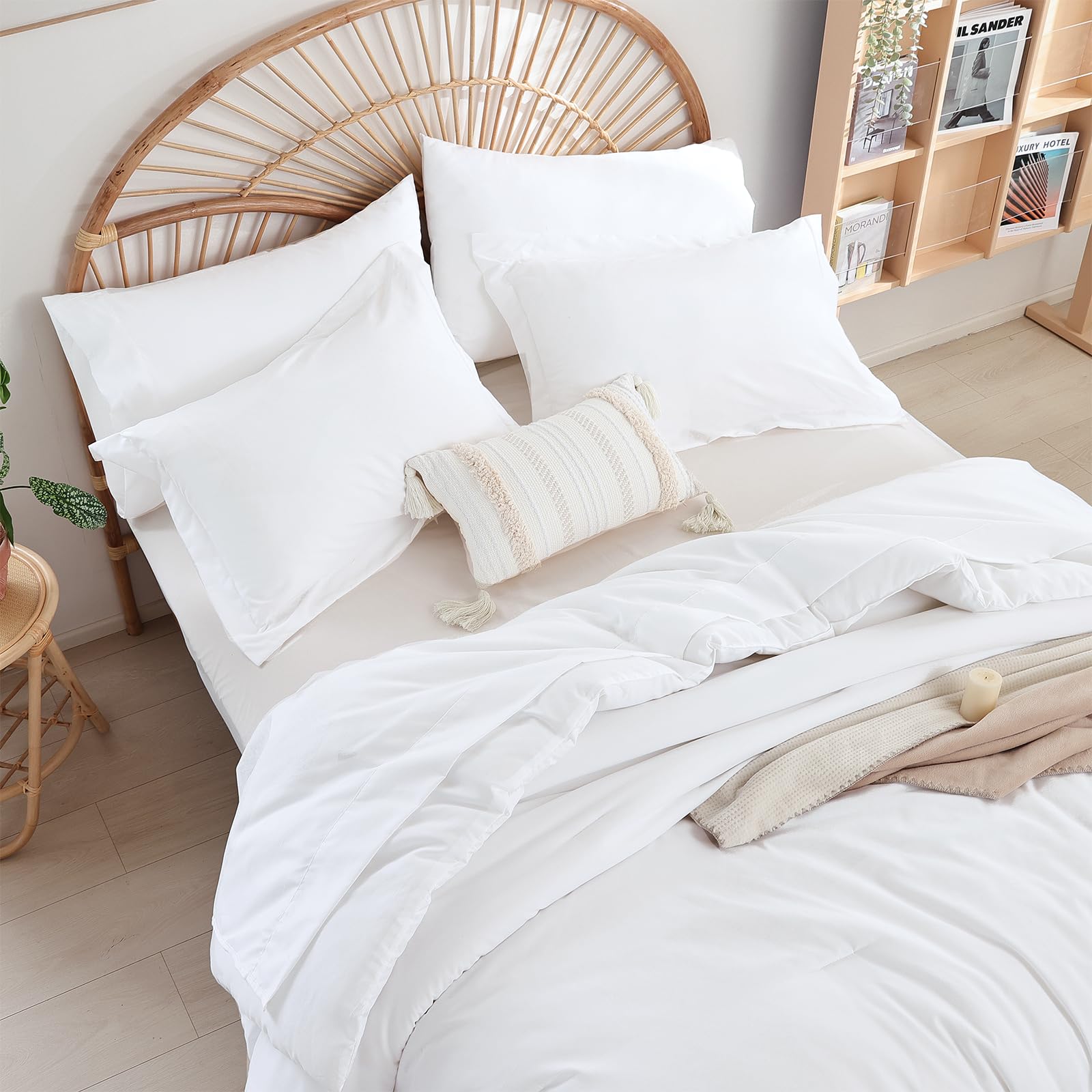 Weigelia Full Size Comforter Set 7Pcs White Boho Bed Comforter For Women And Men Microfiber Fluffy Comforter Set Full Comforter